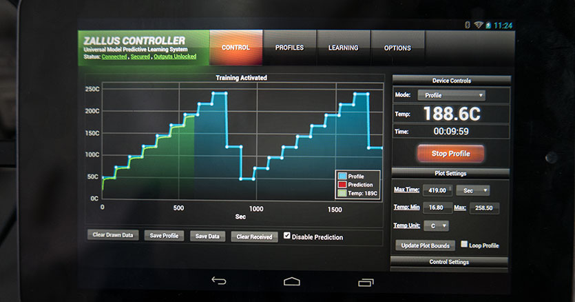 Android app running the learning profile to calibrate the oven and cooling.