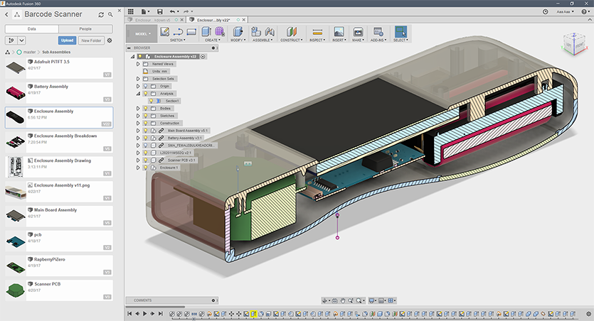 Fusion 360 software showing a cutaway of the new case with the boards and batteries inside, click to open larger version