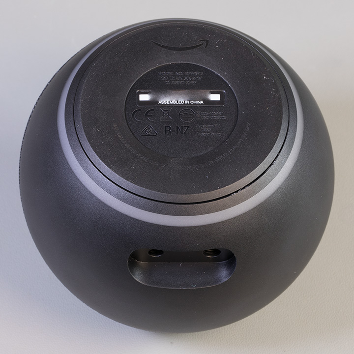 Base of the Echo Dot with the power and headphone sockets on the back of the case
