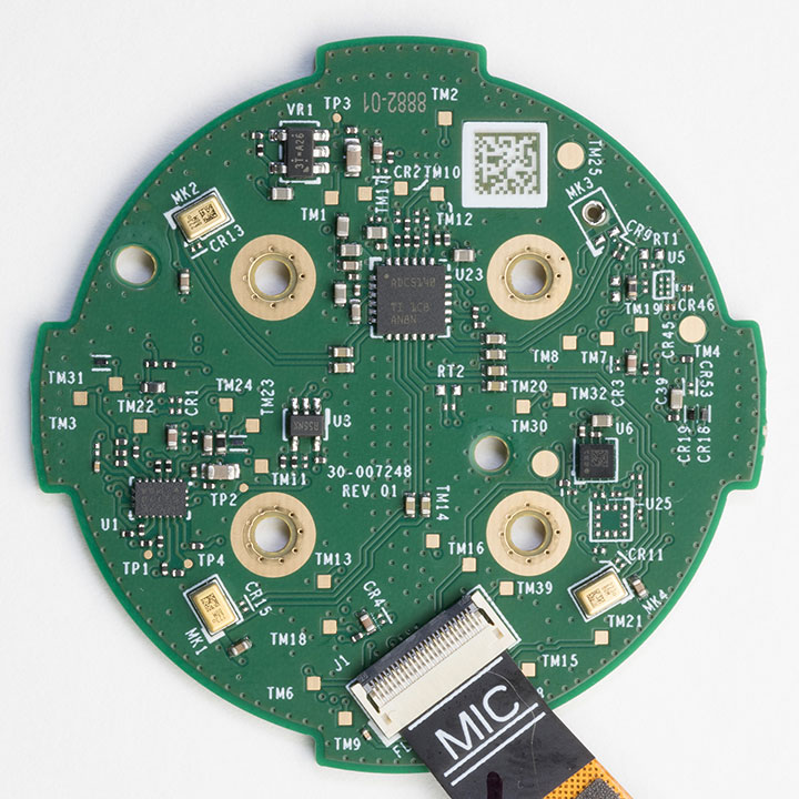 Back of the Switch PCB showing four microphones and a single ADC chip
