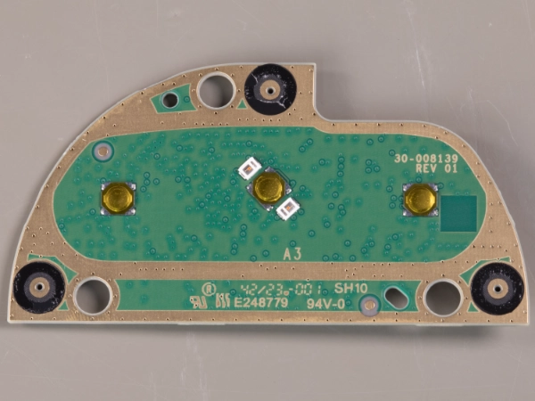 The upper of the top PCB shows the buttons, microphones and leds