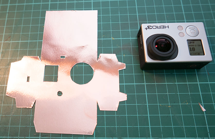 Copper sheet cutout ready to be fitted to the GoPro