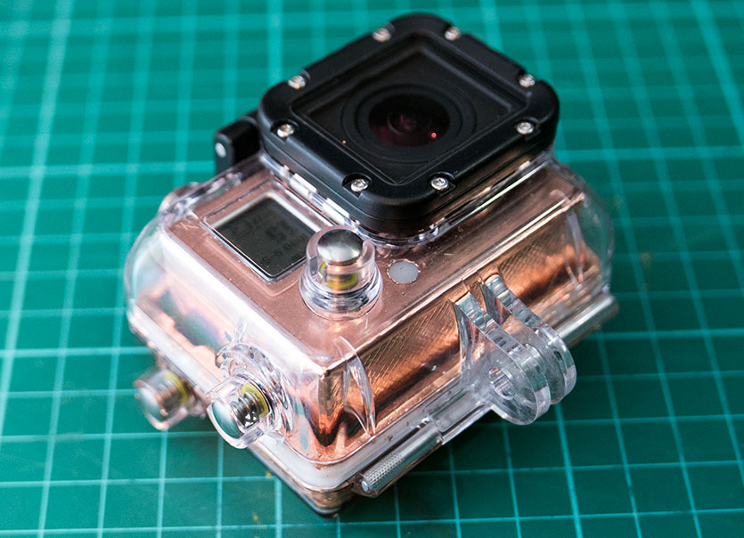 The finished shielded GoPro Hero 3 in the waterproof case